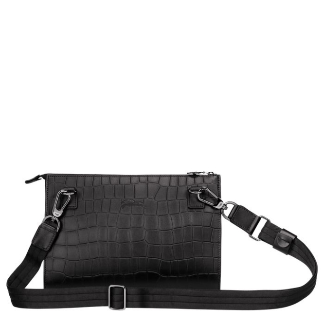 Men's Longchamp Croco Block Crossbody Bags Black | 69PEXZCSL