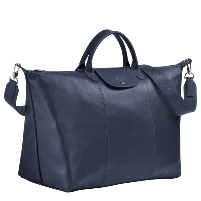 Men's Longchamp Le Pliage Cuir L Travel Bags Navy | 34EGAFWSH