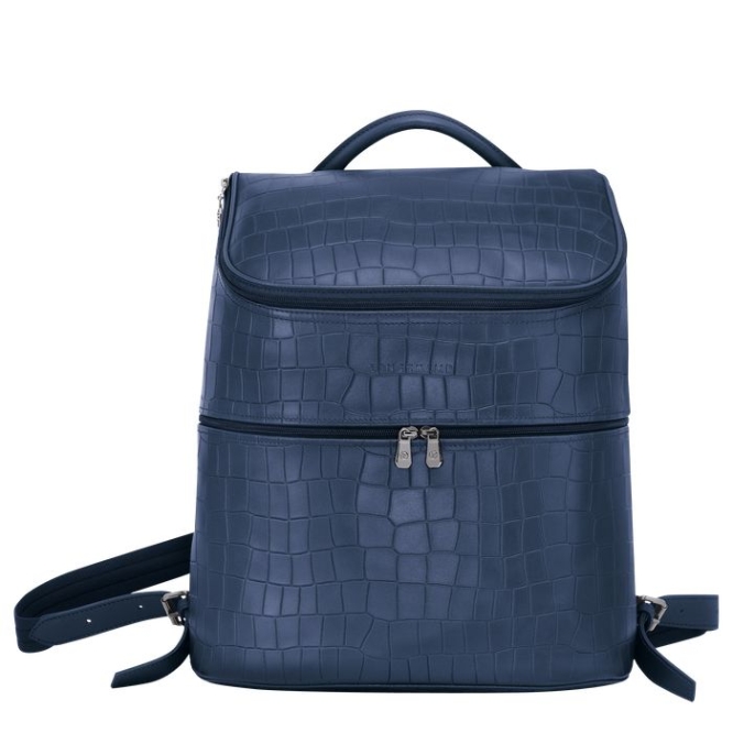 Women\'s Longchamp Croco Block Backpacks Navy | 68JQCILUF