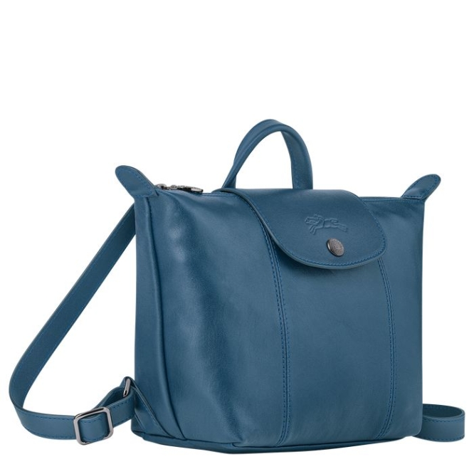 Women's Longchamp Le Pliage Cuir Backpacks Blue | 03FJEBLKU