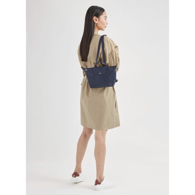 Women's Longchamp Le Pliage Cuir Backpacks Navy | 36FRBXZDG