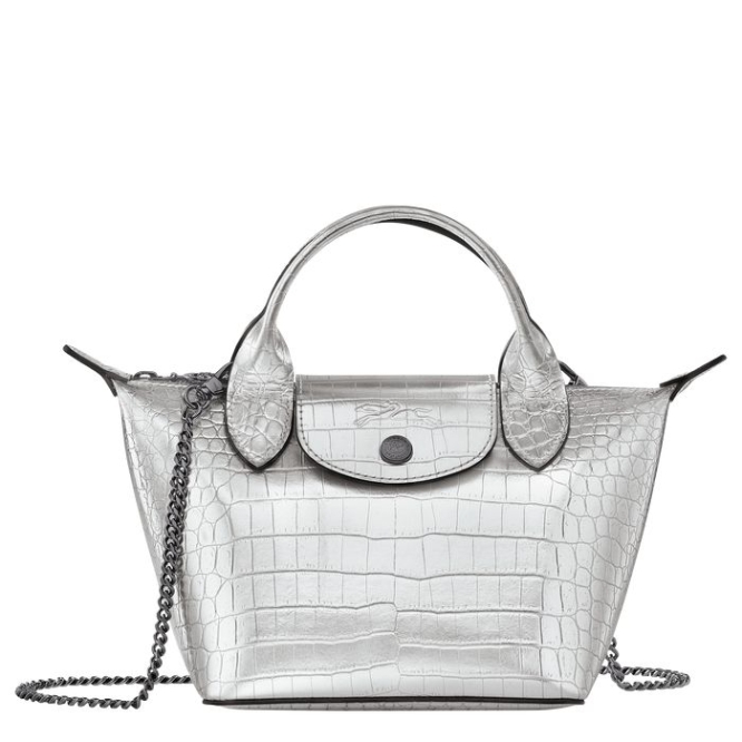 Women\'s Longchamp Le Pliage Cuir Croco XS Top-handle Bags Silver | 13HNGFSLM