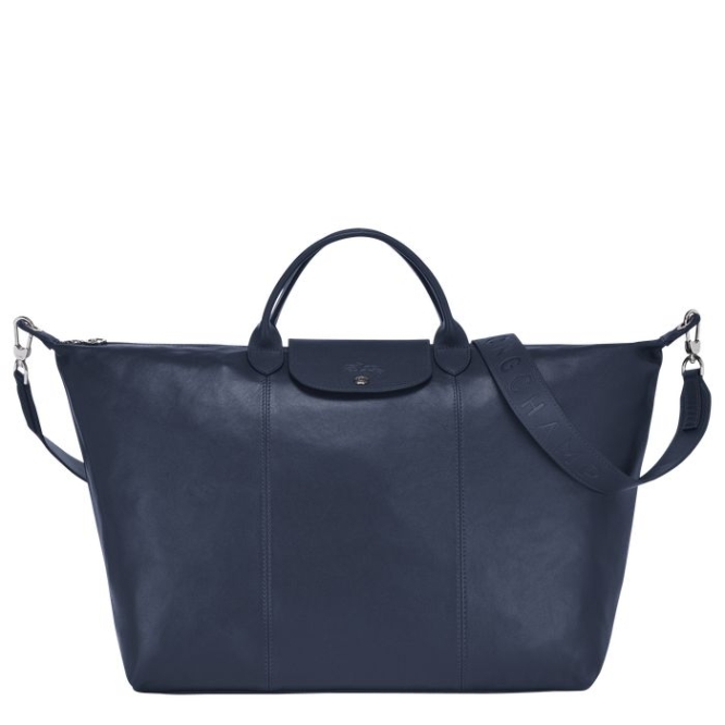 Women\'s Longchamp Le Pliage Cuir L Travel Bags Navy | 35KMLCXAP