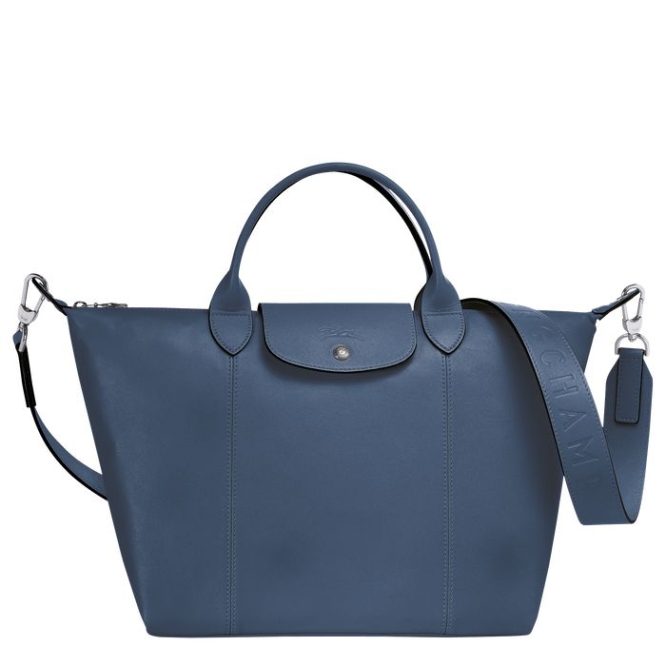 Women\'s Longchamp Le Pliage Cuir M Top-handle Bags Blue | 32UPKEWFO