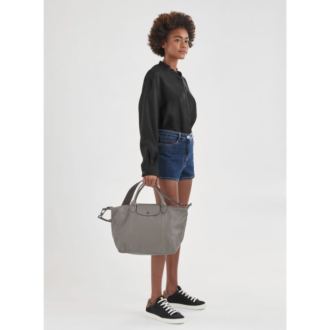 Women's Longchamp Le Pliage Cuir M Top-handle Bags Grey | 57LBMKUHR