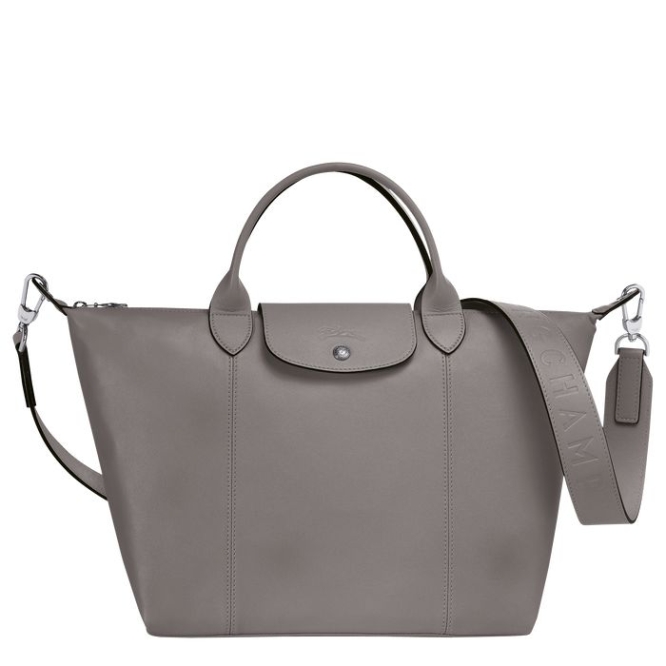 Women\'s Longchamp Le Pliage Cuir M Top-handle Bags Grey | 57LBMKUHR