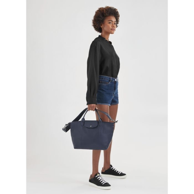 Women's Longchamp Le Pliage Cuir M Top-handle Bags Navy | 60LXJMFCS