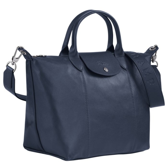 Women's Longchamp Le Pliage Cuir M Top-handle Bags Navy | 60LXJMFCS