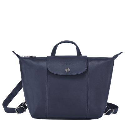 Women's Longchamp Le Pliage Cuir Backpacks Navy | 36FRBXZDG