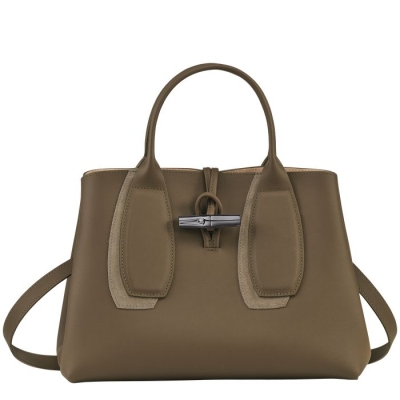 Women's Longchamp Roseau Shadow M Top-handle Bags Brown | 83WKFIRSJ